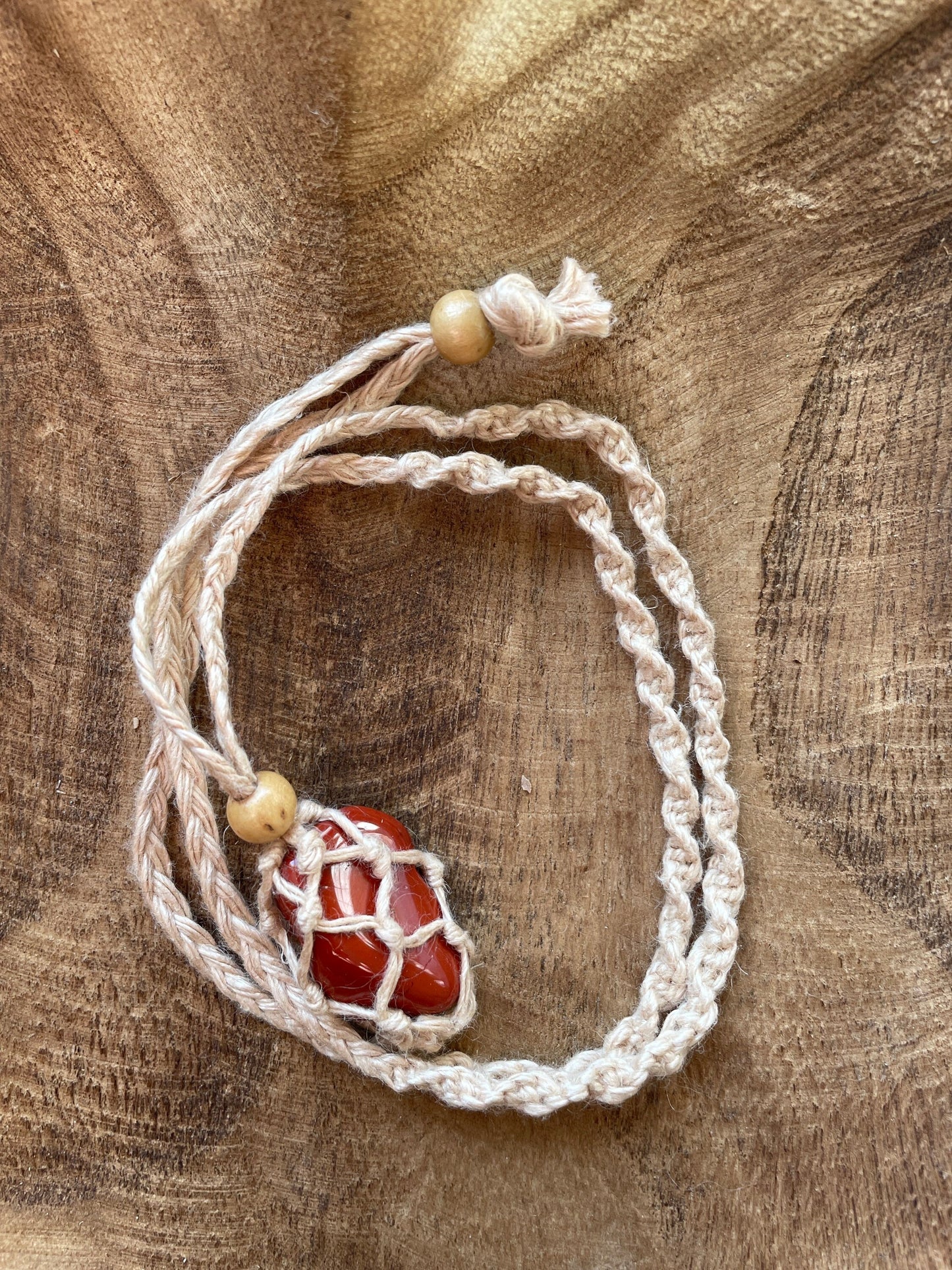 Uniquely crafted Hemp Macramé necklace with Red Jasper crystal three colors to choose from