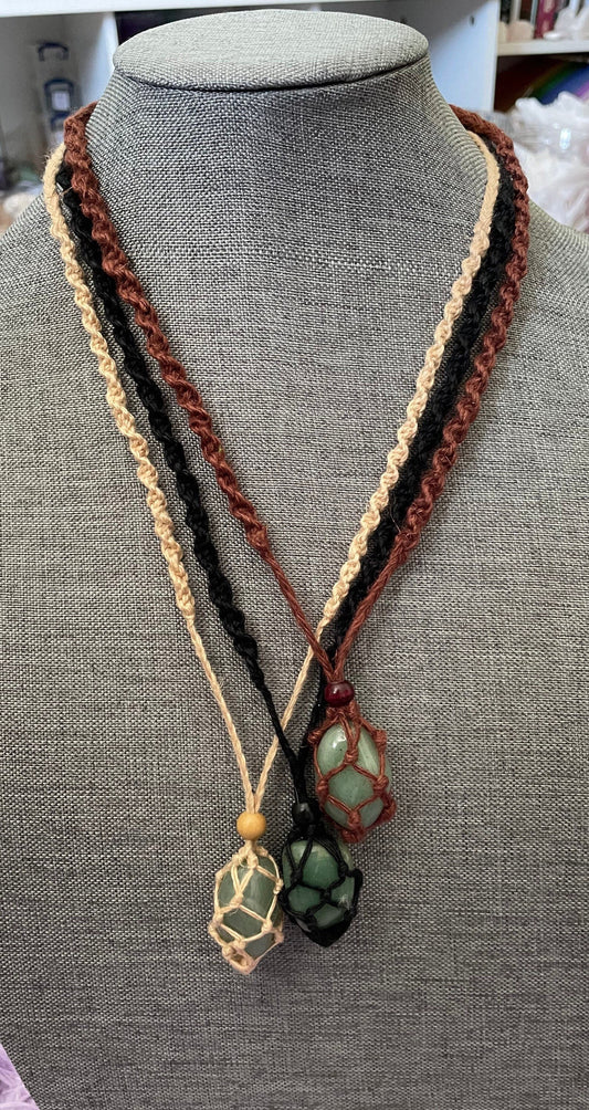 Uniquely crafted Hemp Macramé necklace with Aventurine crystal three colors to choose from