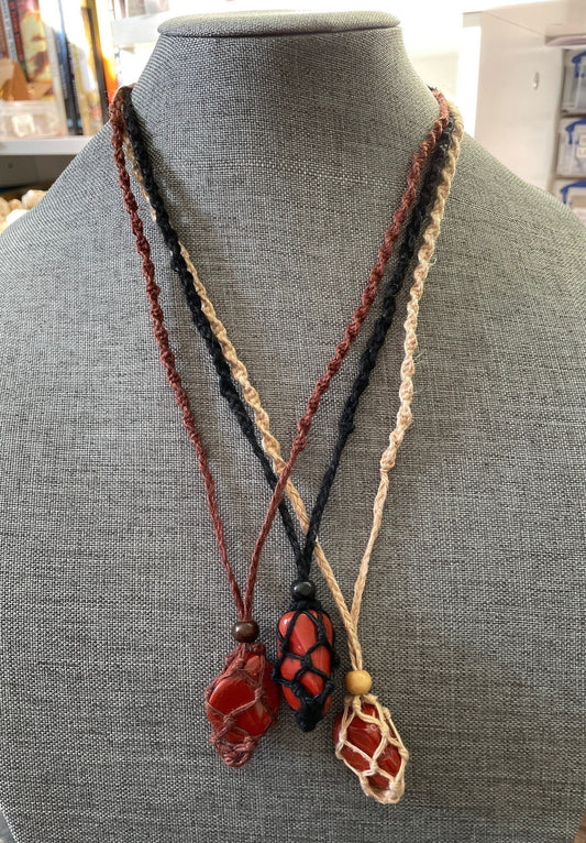 Uniquely crafted Hemp Macramé necklace with Red Jasper crystal three colors to choose from