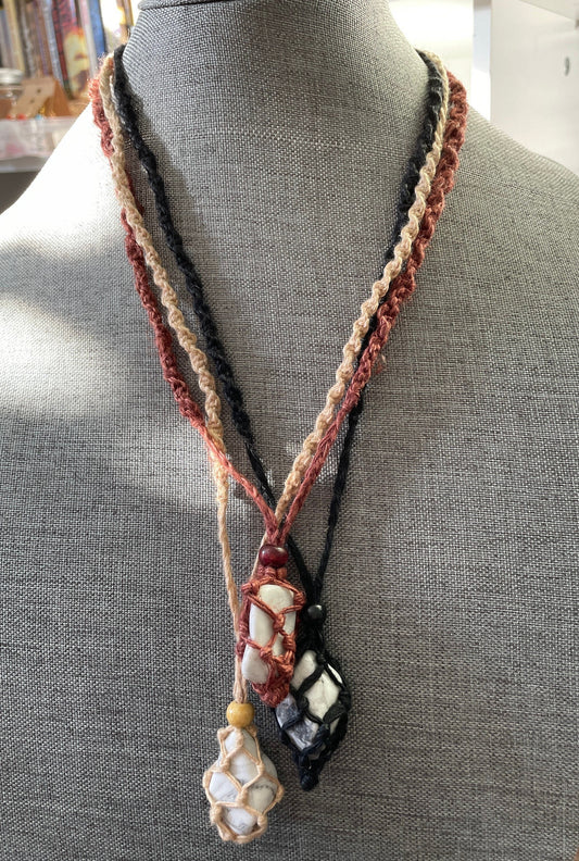 Uniquely crafted Hemp Macramé necklace with Howlite crystal three colors to choose from