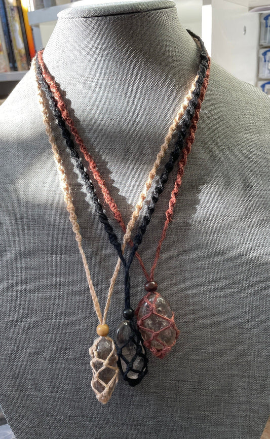 Uniquely crafted Hemp Macramé necklace with Smoky Quartz crystal three colors to choose from