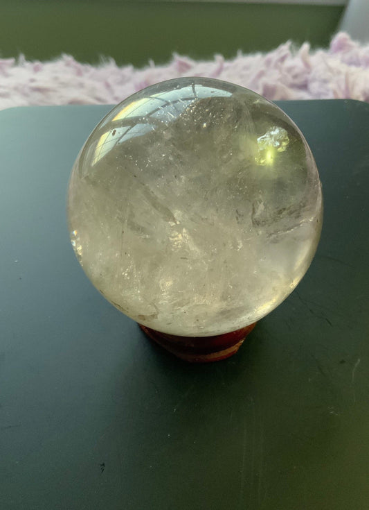 Beautiful 9.7 oz crystal clear quartz sphere crystal ball with wooden stand Smokey quartz