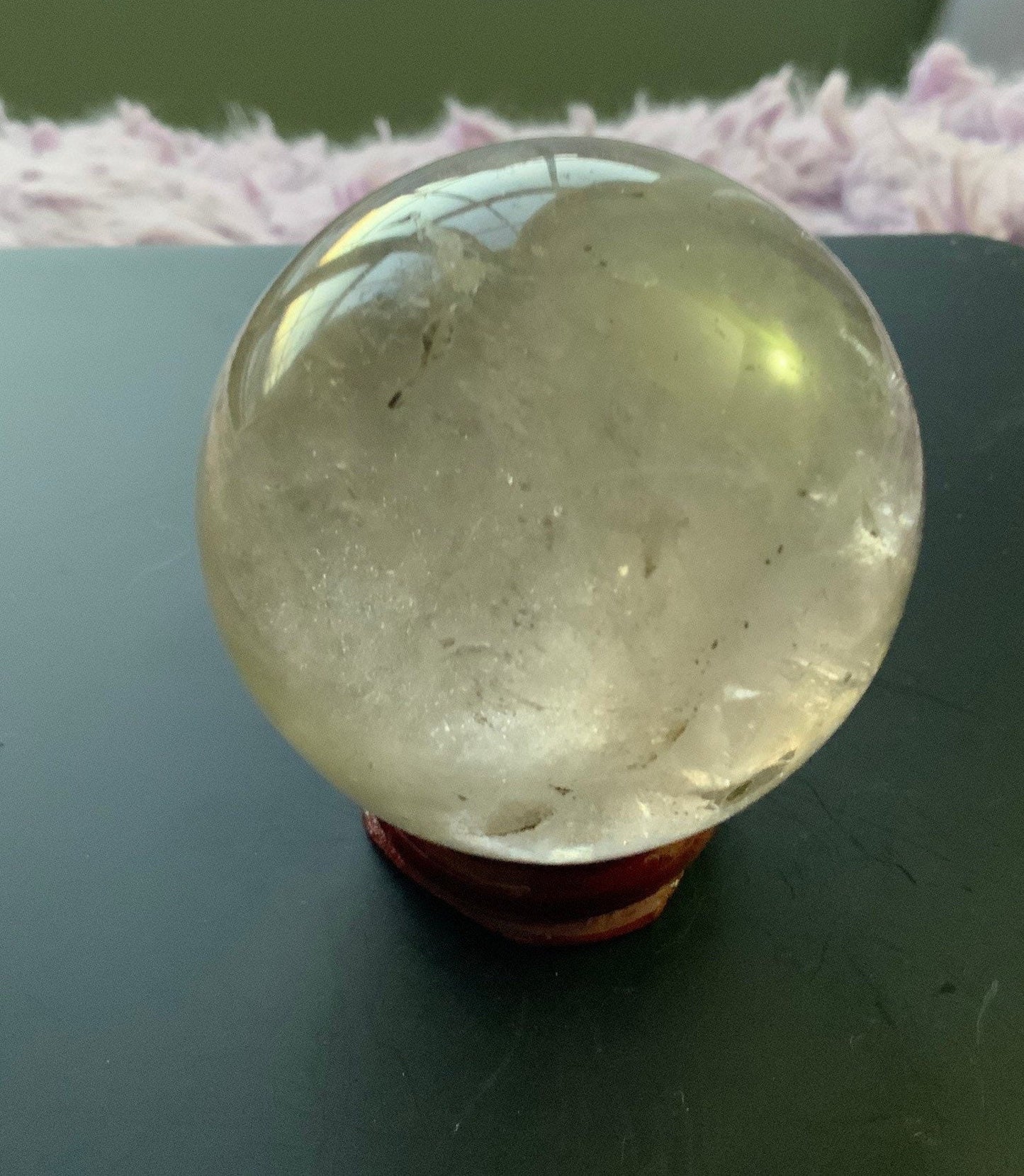 Beautiful 9.7 oz crystal clear quartz sphere crystal ball with wooden stand Smokey quartz