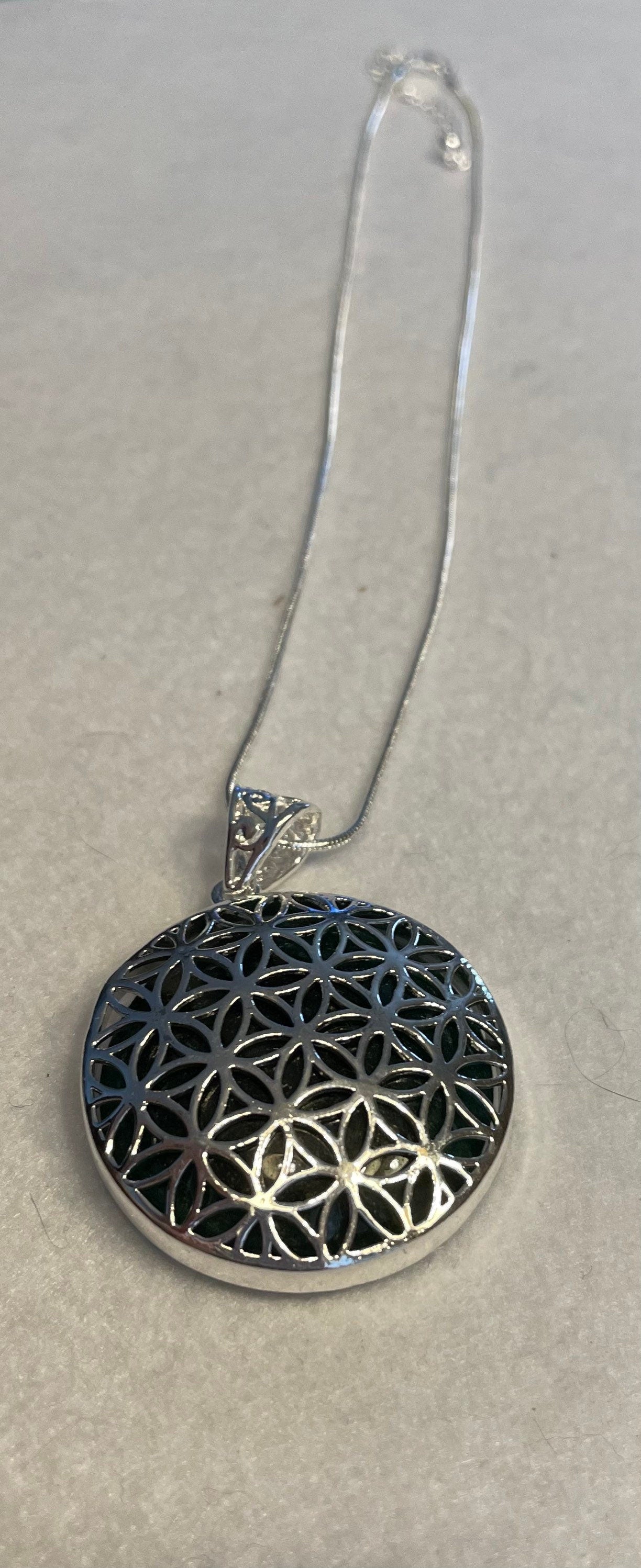 Beautiful Silver round Flower of Life Aventurine crystal necklace on 16+ inch silver plated chain