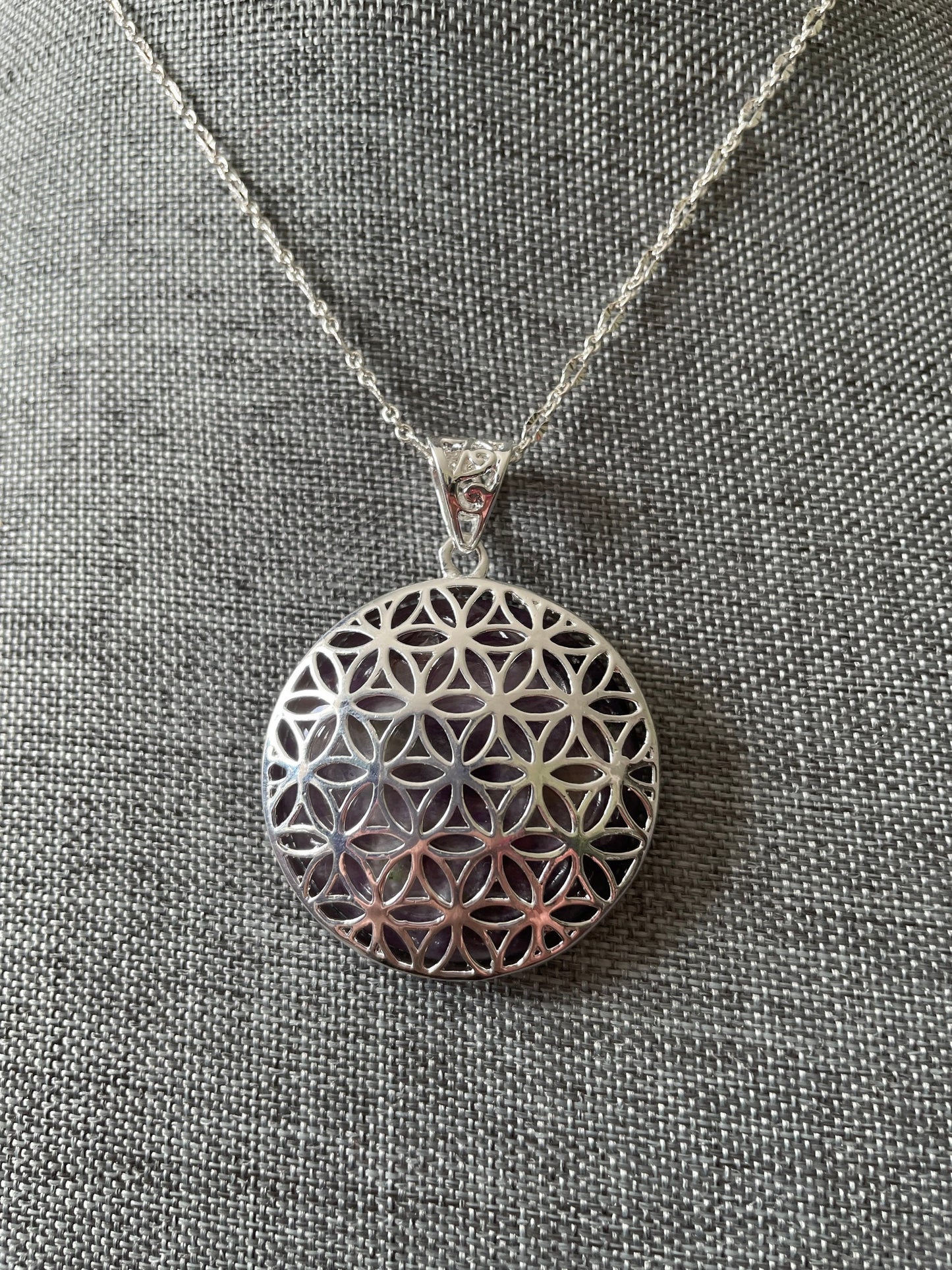 Silver round Flower of Life deep purple Amethyst crystal necklace on 16+ inch silver plated chain