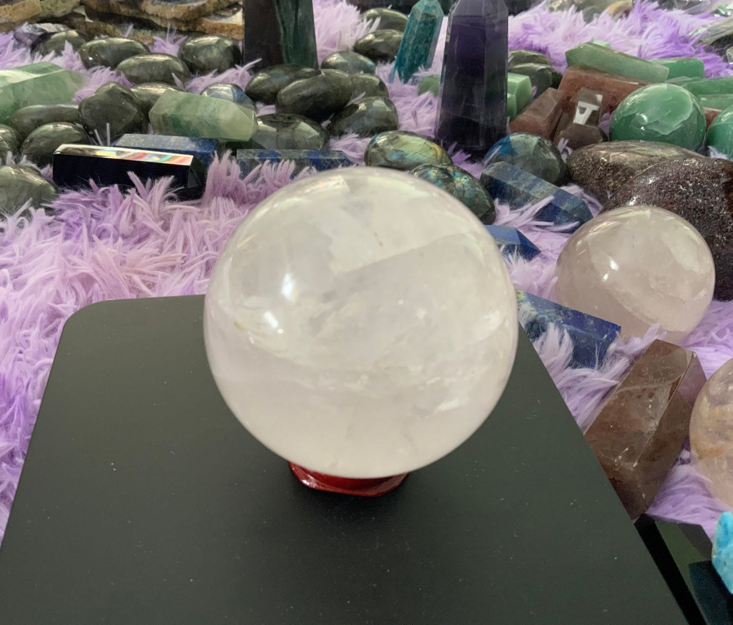 Beautiful 1 pound 4 oz clear quartz sphere crystal ball with wooden stand