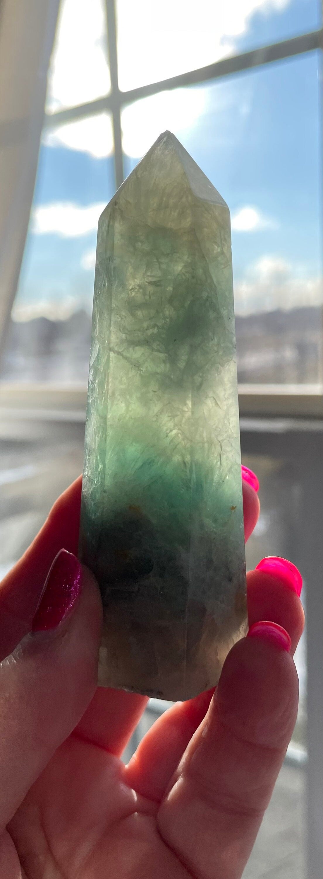 Beautiful Rainbow Fluorite point obelisk green fluorite