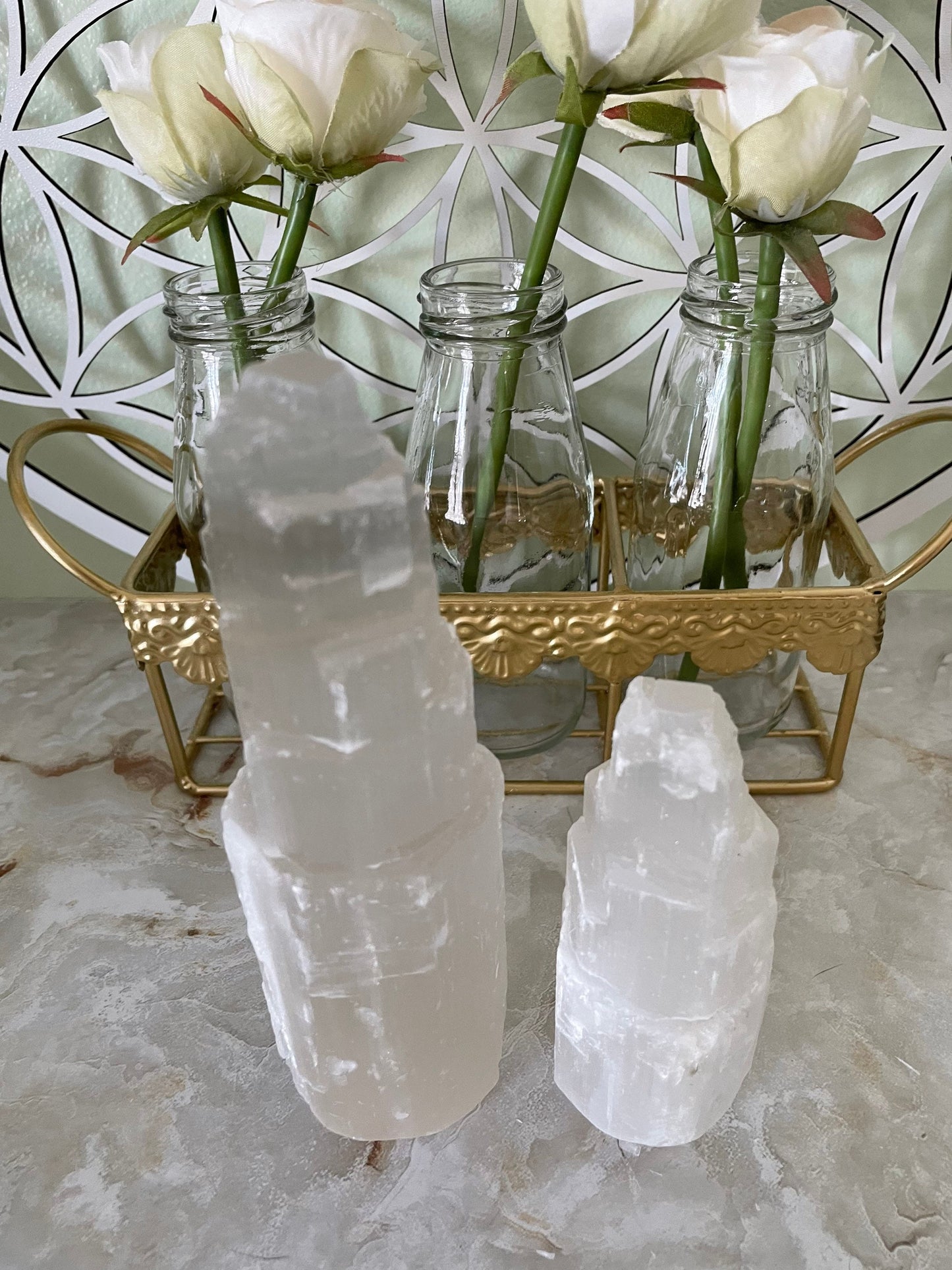 Selenite towers 2 sizes selenite PLUS CANDLEHOLDER