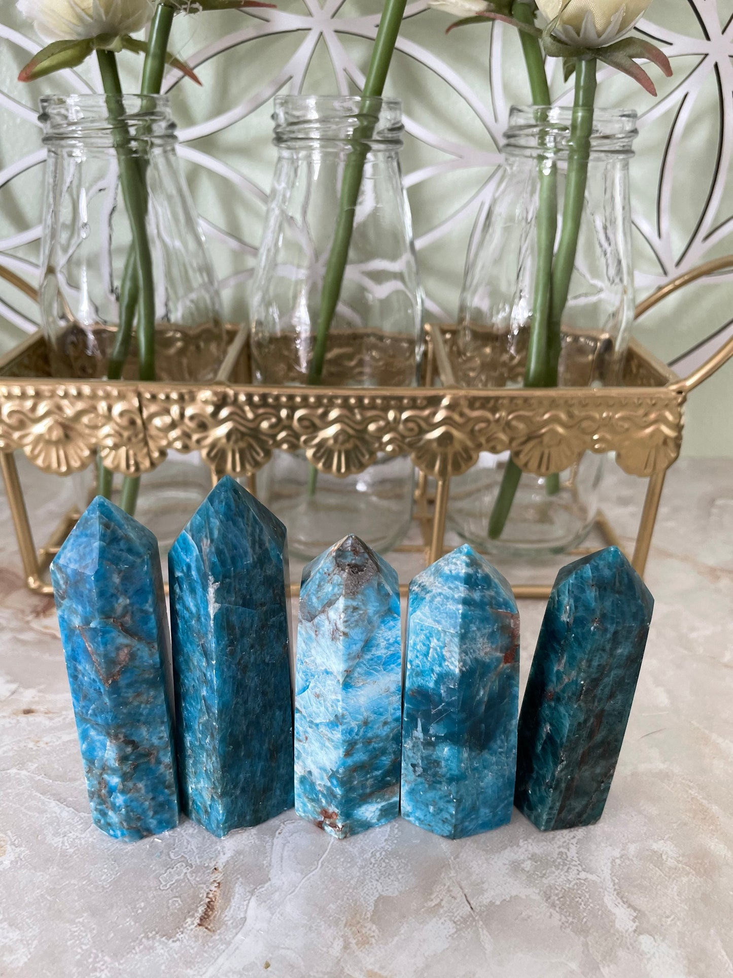 Beautiful Blue Apatite Crystal Points Obelisk