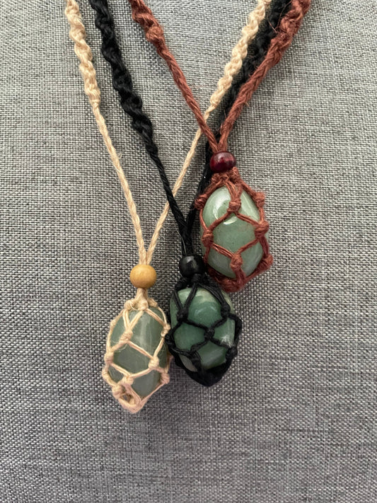 Uniquely crafted Hemp Macramé necklace with Aventurine crystal three colors to choose from