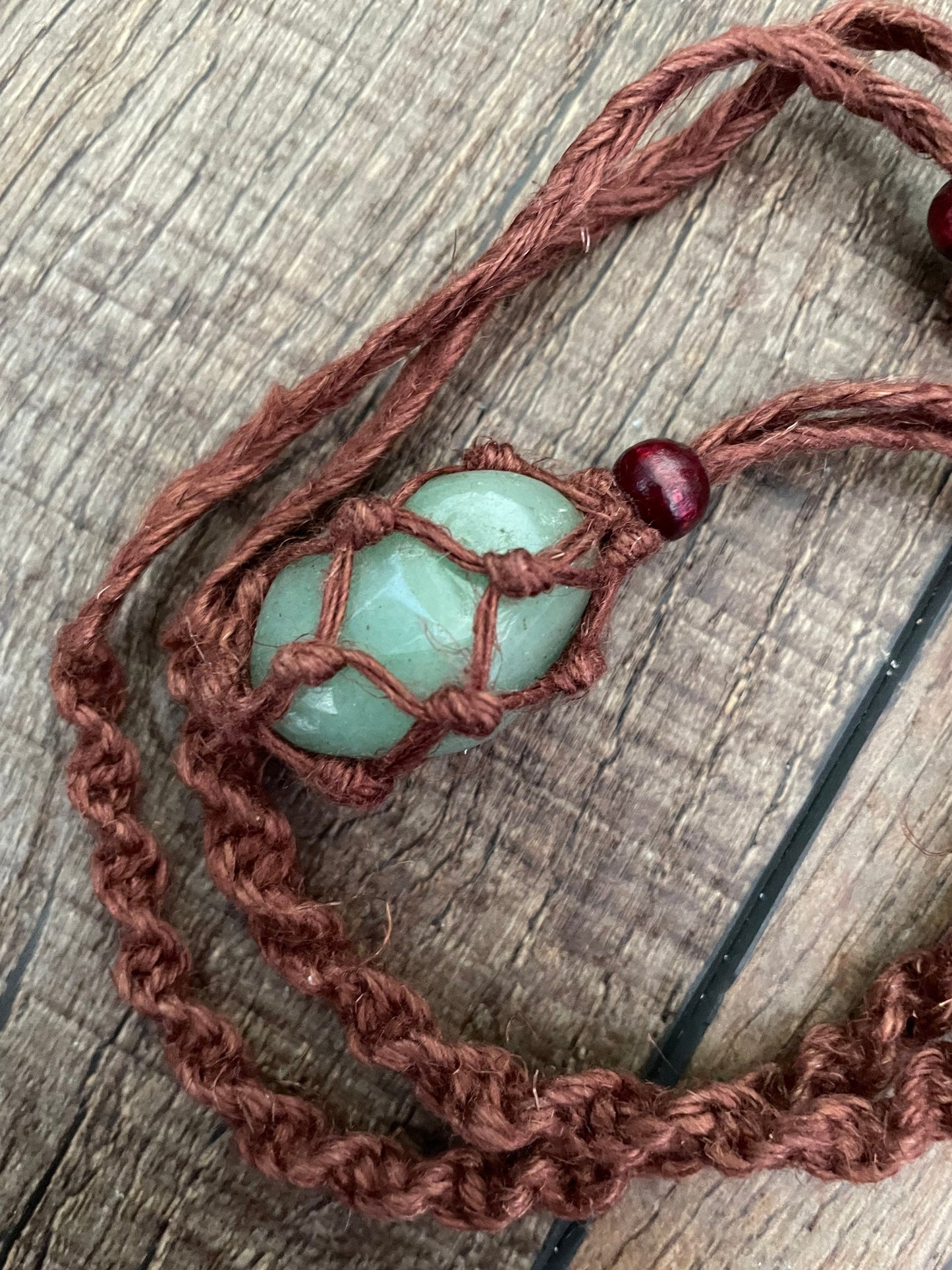 Uniquely crafted Hemp Macramé necklace with Aventurine crystal three colors to choose from