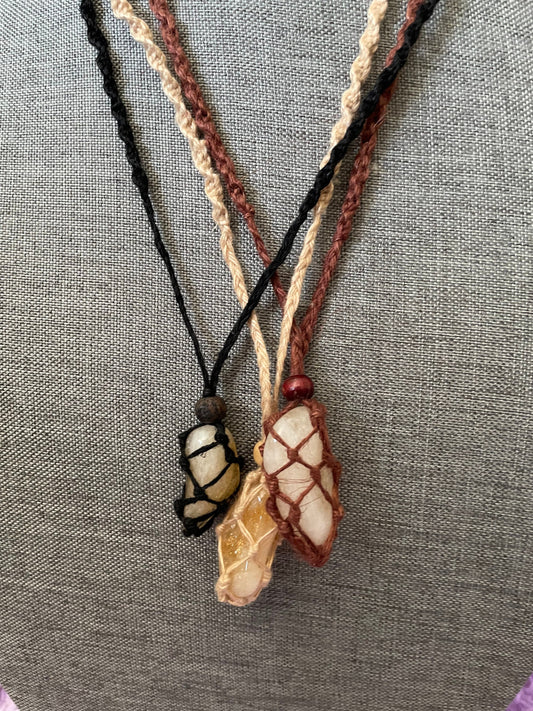 Uniquely crafted Hemp Macramé necklace with Citrine crystal three colors to choose from