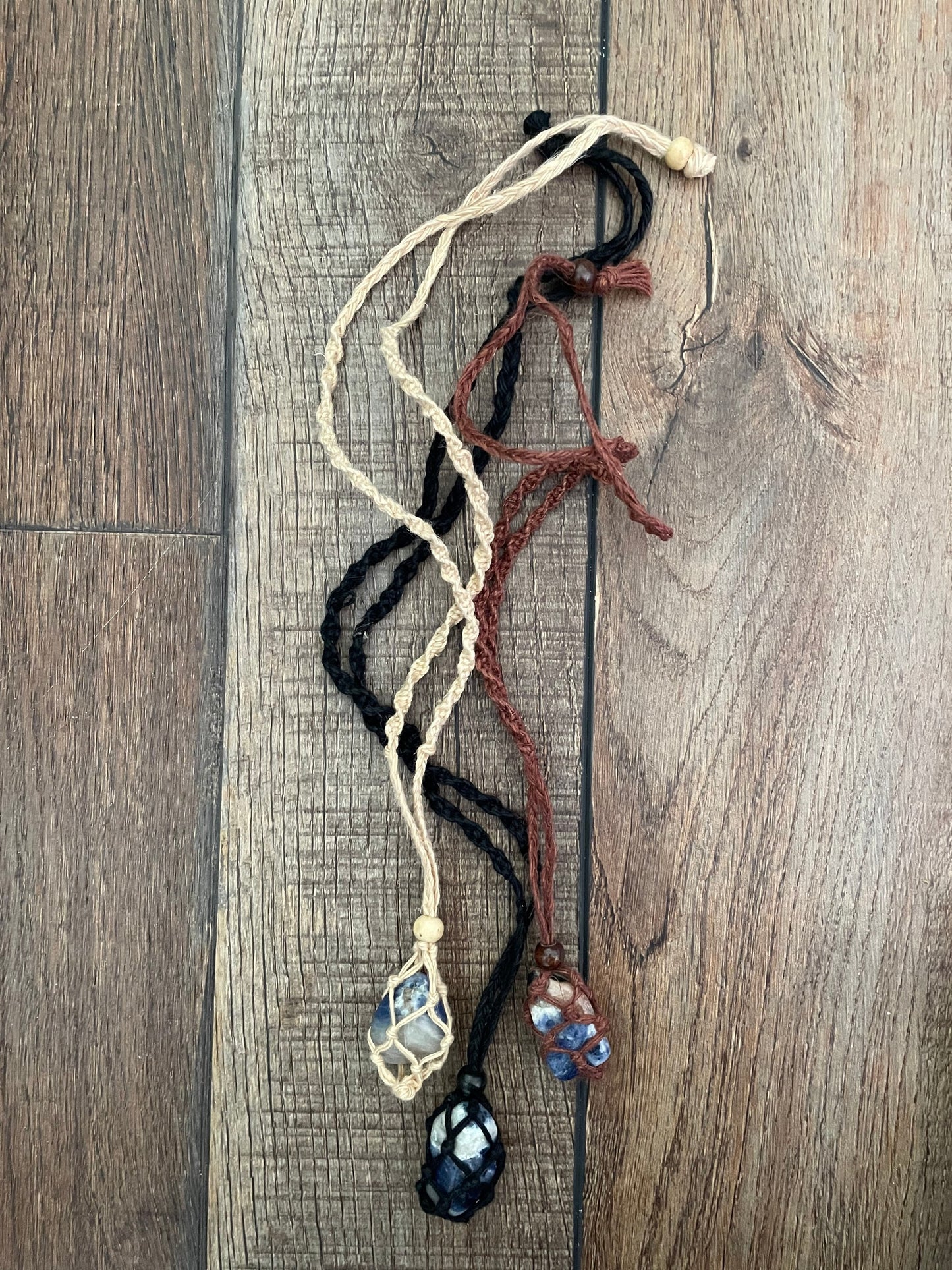 Uniquely crafted Hemp Macramé necklace with Sodalite crystal three colors to choose from