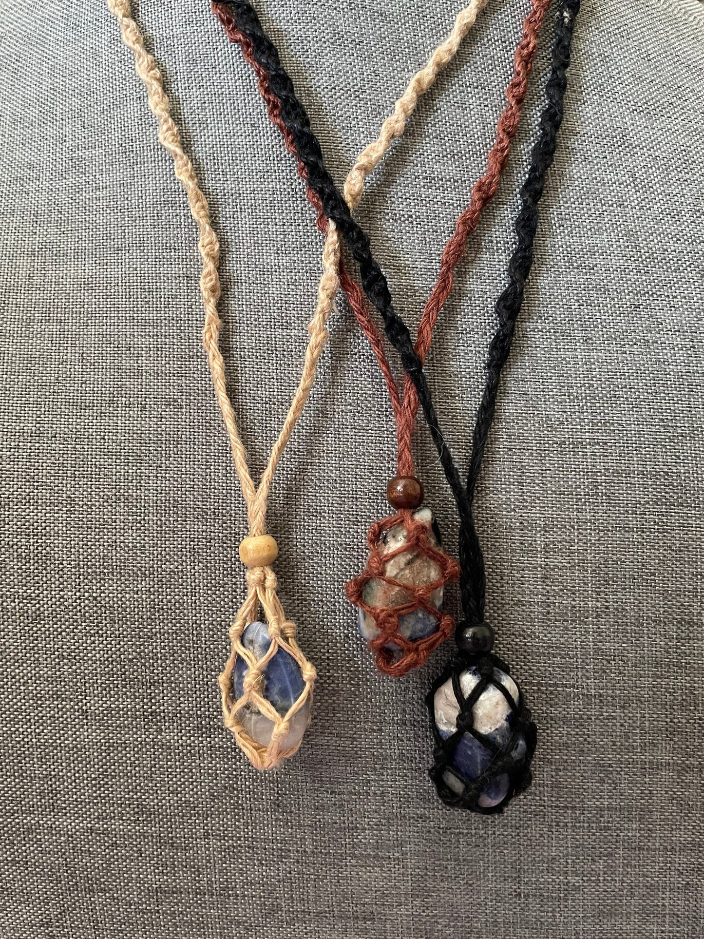 Uniquely crafted Hemp Macramé necklace with Sodalite crystal three colors to choose from