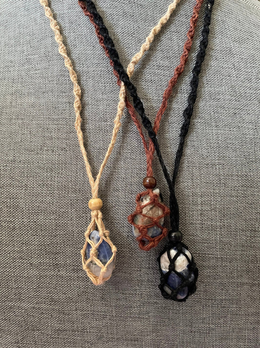 Uniquely crafted Hemp Macramé necklace with Sodalite crystal three colors to choose from