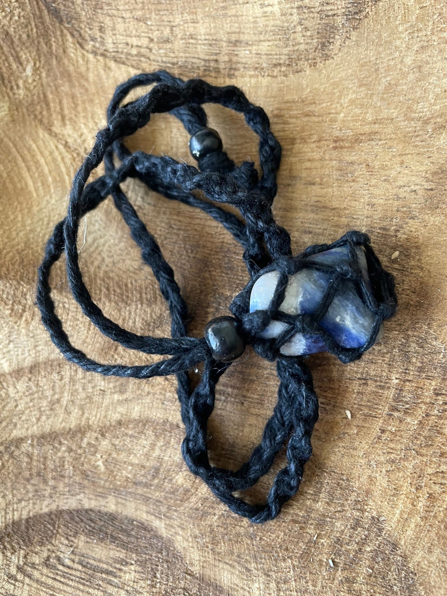 Uniquely crafted Hemp Macramé necklace with Sodalite crystal three colors to choose from