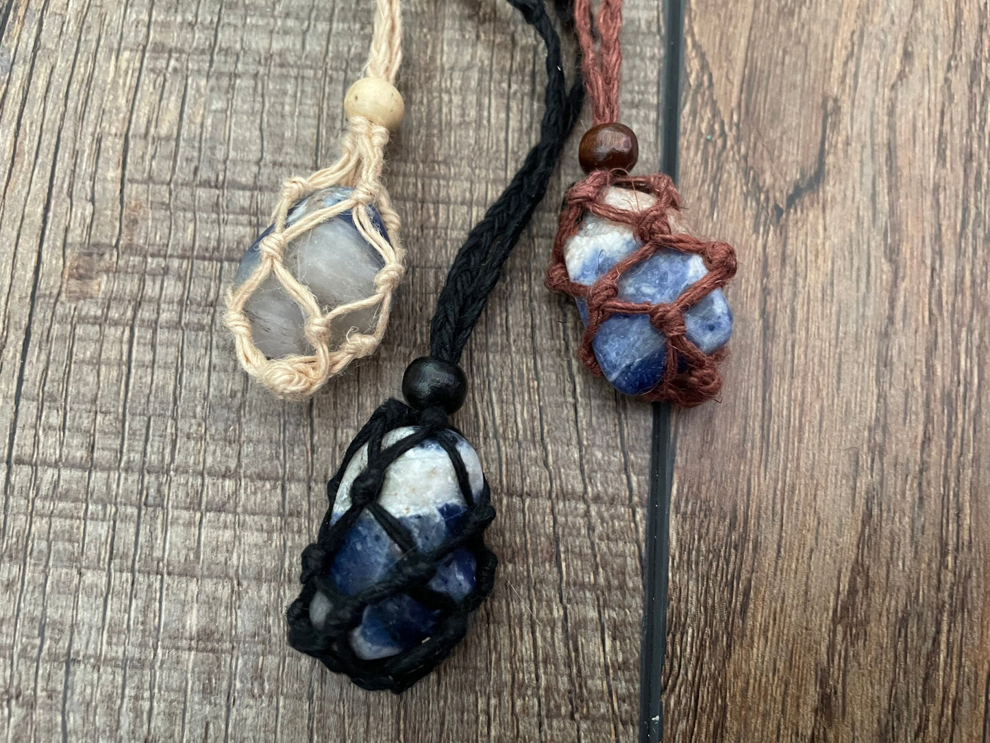 Uniquely crafted Hemp Macramé necklace with Sodalite crystal three colors to choose from