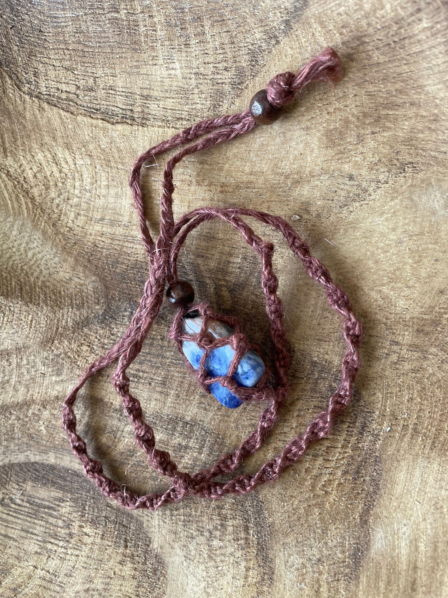 Uniquely crafted Hemp Macramé necklace with Sodalite crystal three colors to choose from