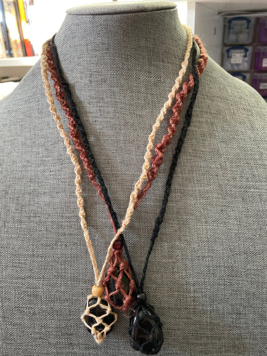 Uniquely crafted Hemp Macramé necklace with Obsidian crystal three colors to choose from