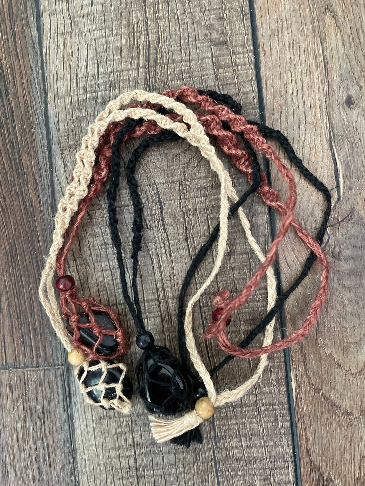 Uniquely crafted Hemp Macramé necklace with Obsidian crystal three colors to choose from