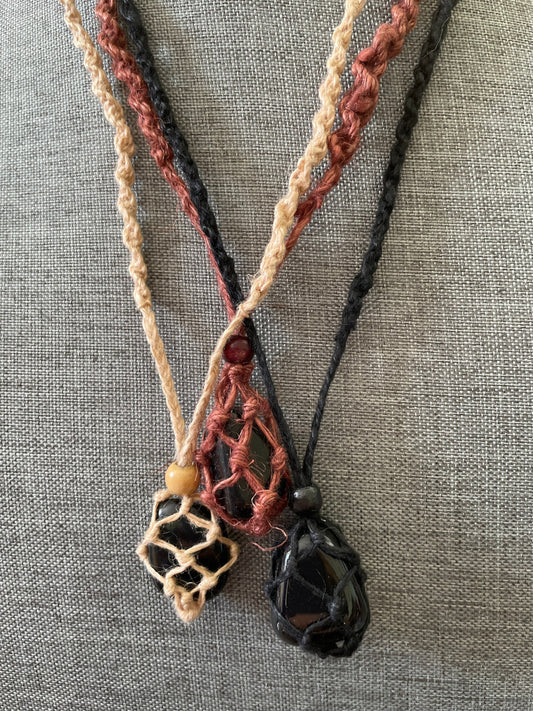 Uniquely crafted Hemp Macramé necklace with Obsidian crystal three colors to choose from