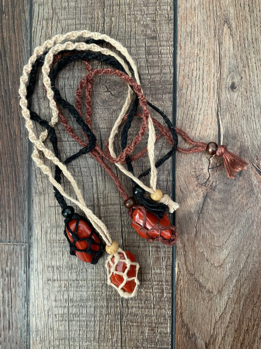 Uniquely crafted Hemp Macramé necklace with Red Jasper crystal three colors to choose from