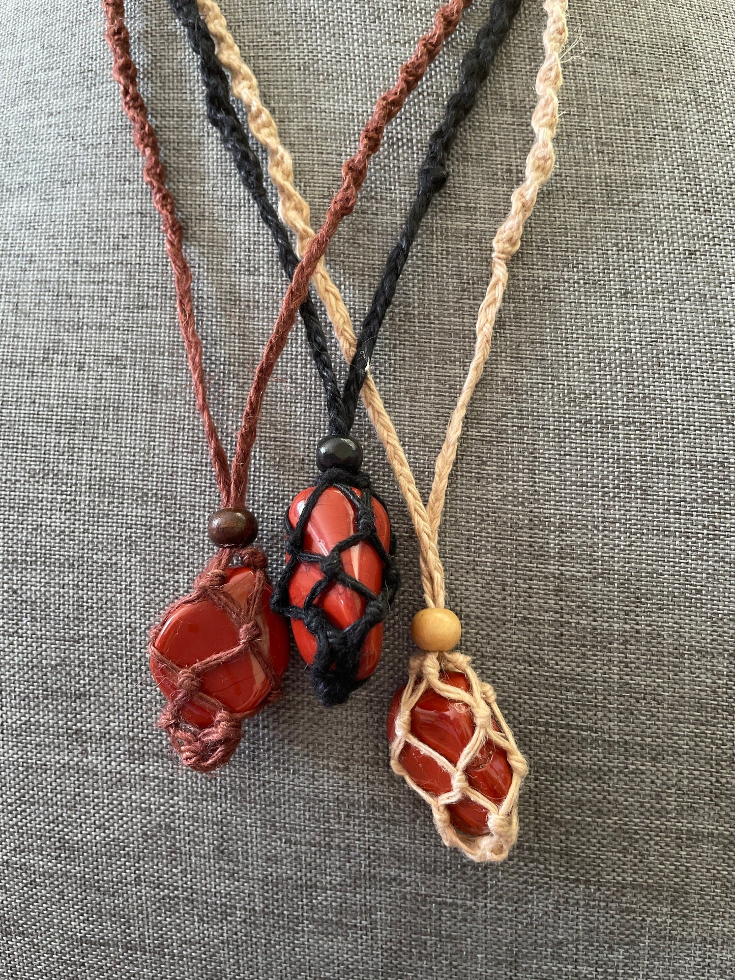 Uniquely crafted Hemp Macramé necklace with Red Jasper crystal three colors to choose from