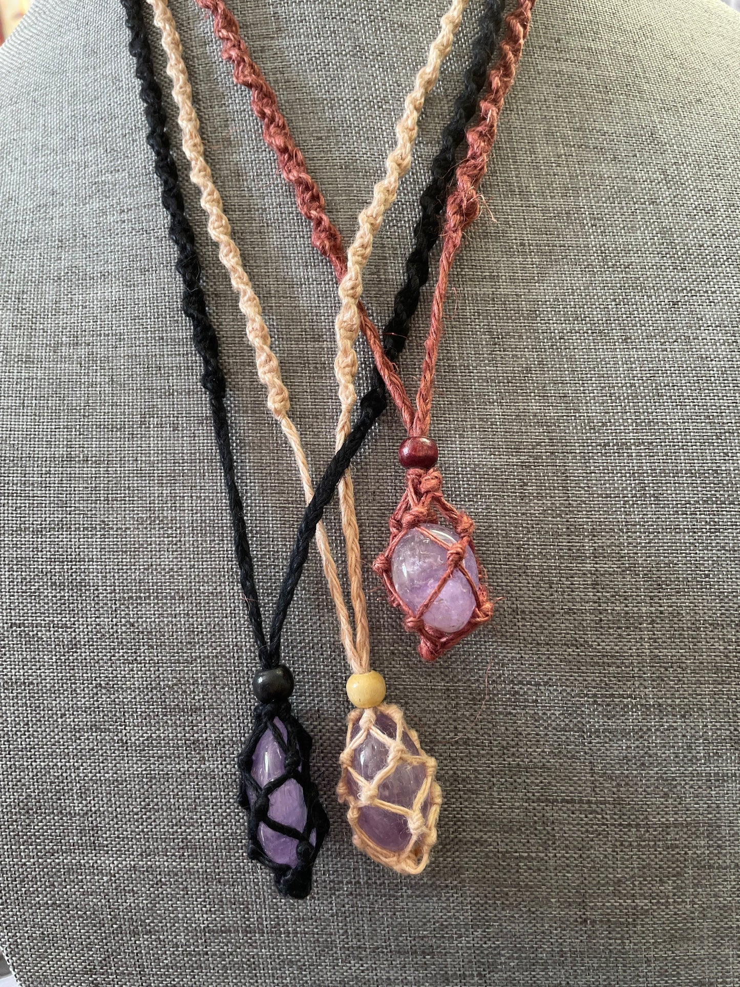 Uniquely crafted Hemp Macramé necklace with Amethyst crystal three colors to choose from