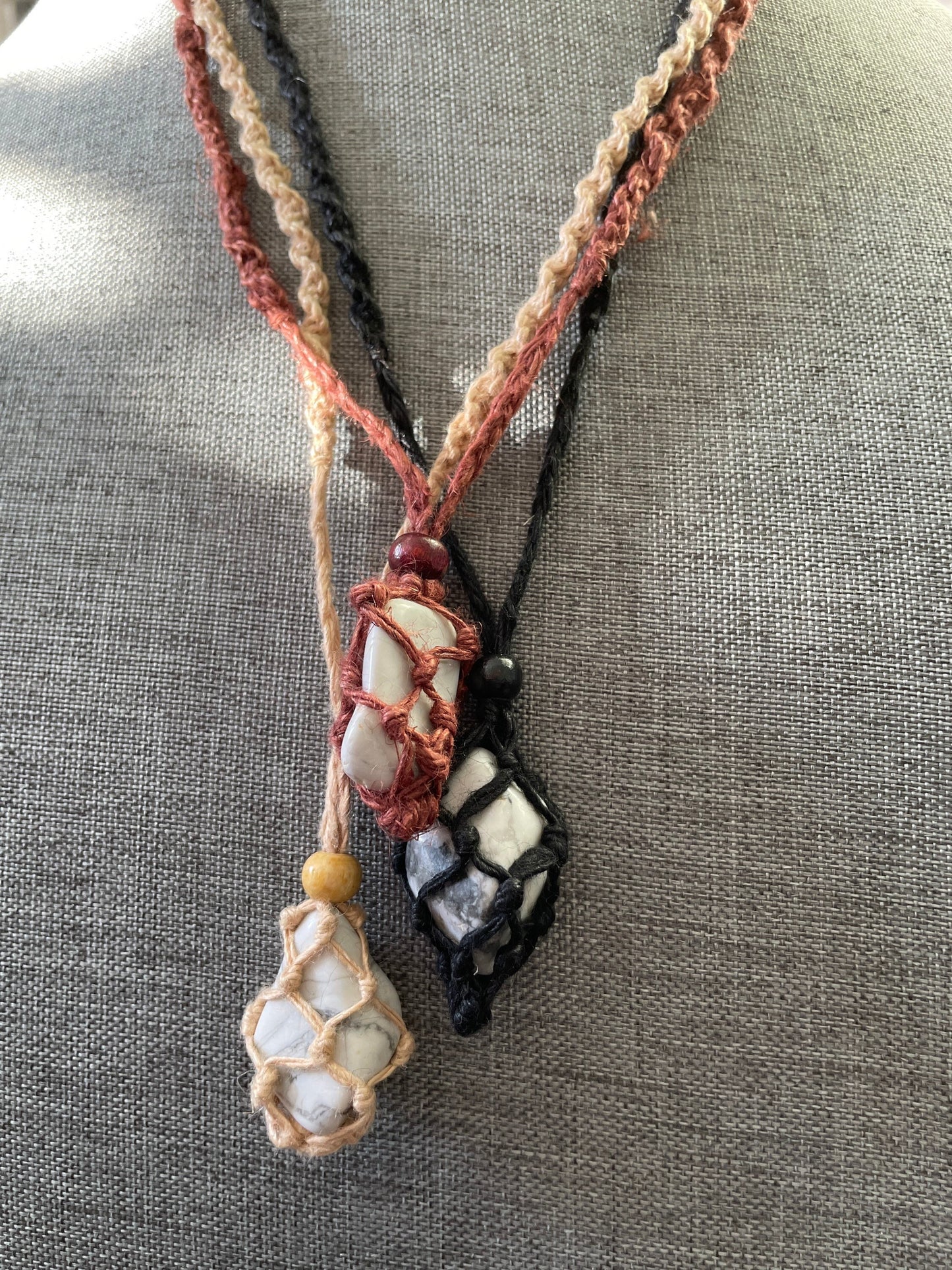 Uniquely crafted Hemp Macramé necklace with Howlite crystal three colors to choose from