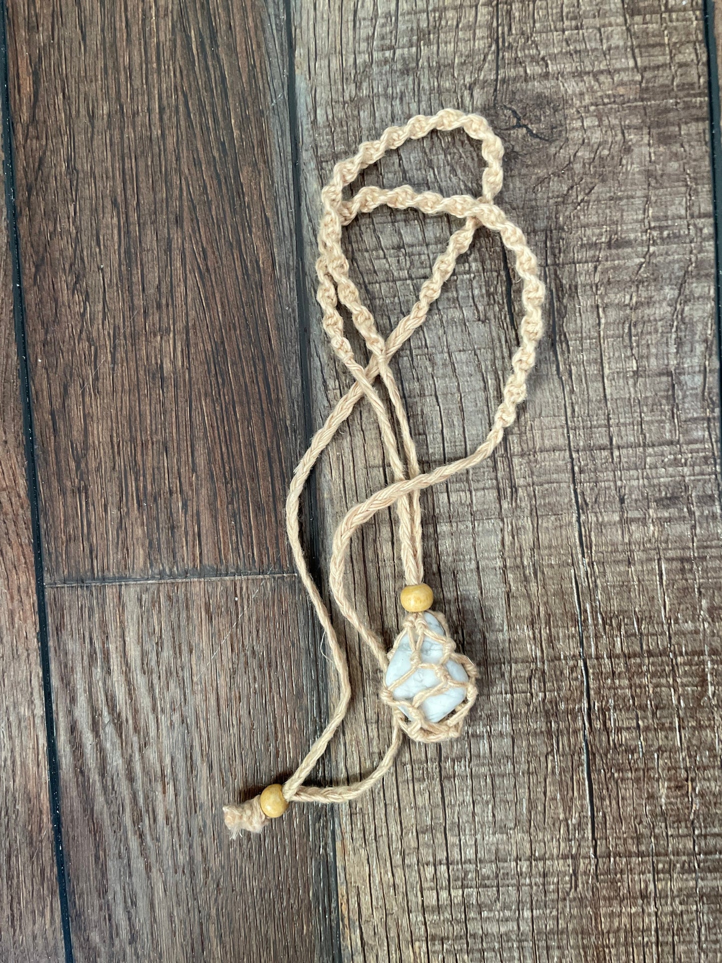 Uniquely crafted Hemp Macramé necklace with Howlite crystal three colors to choose from