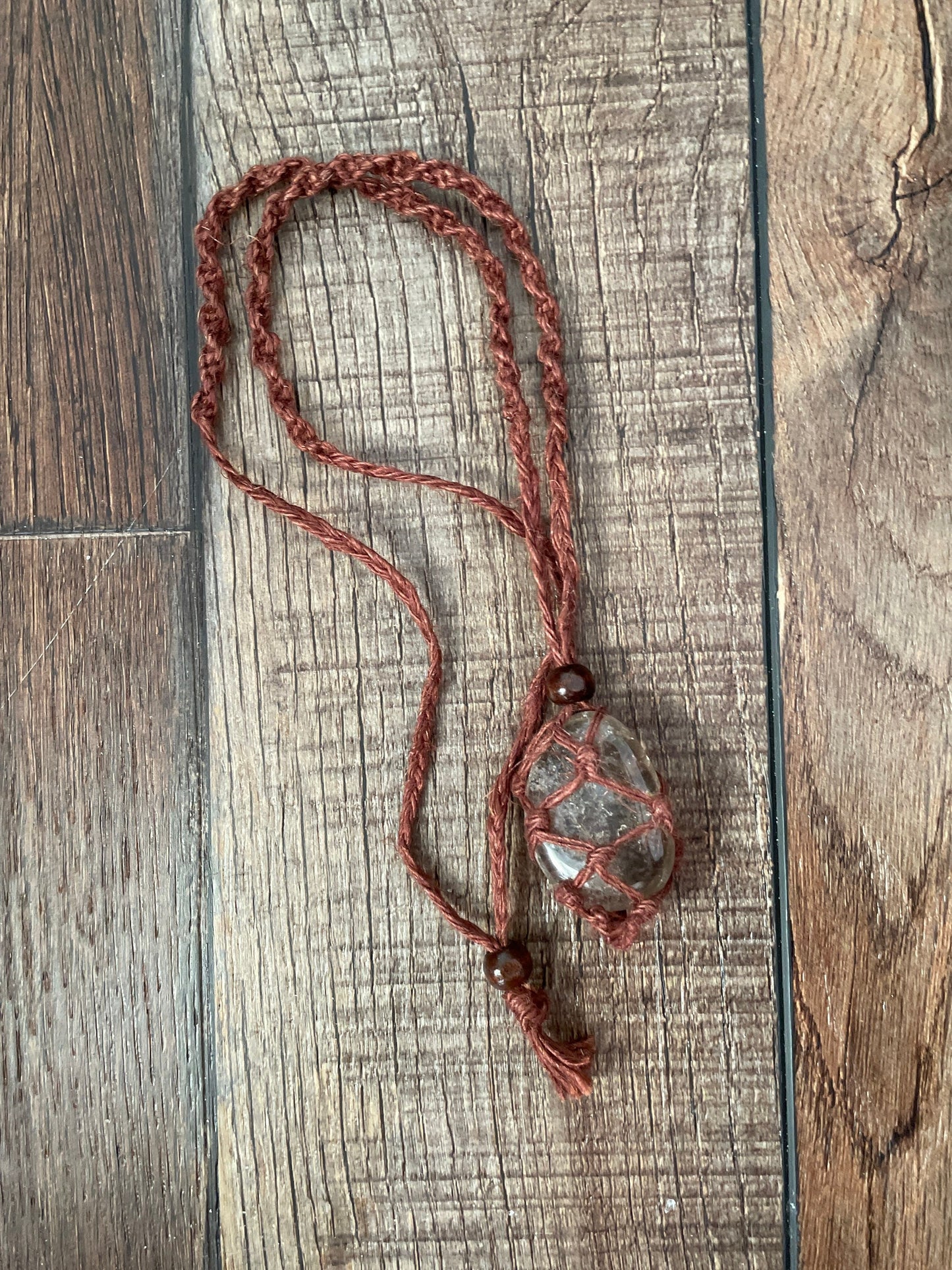 Uniquely crafted Hemp Macramé necklace with Smoky Quartz crystal three colors to choose from