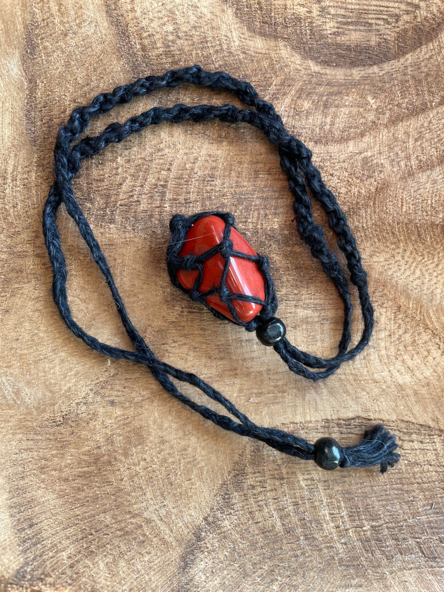 Uniquely crafted Hemp Macramé necklace with Red Jasper crystal three colors to choose from