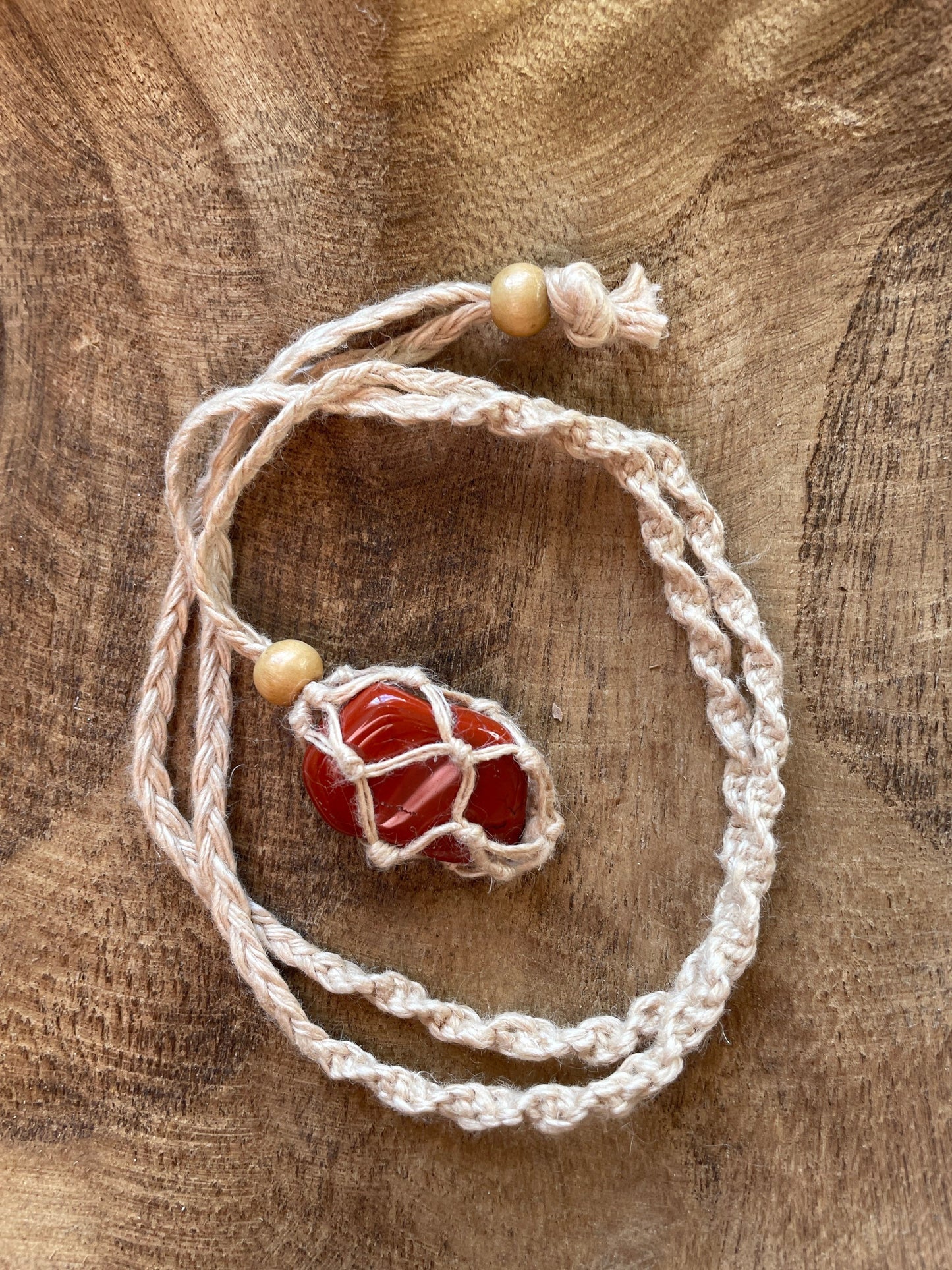 Uniquely crafted Hemp Macramé necklace with Red Jasper crystal three colors to choose from