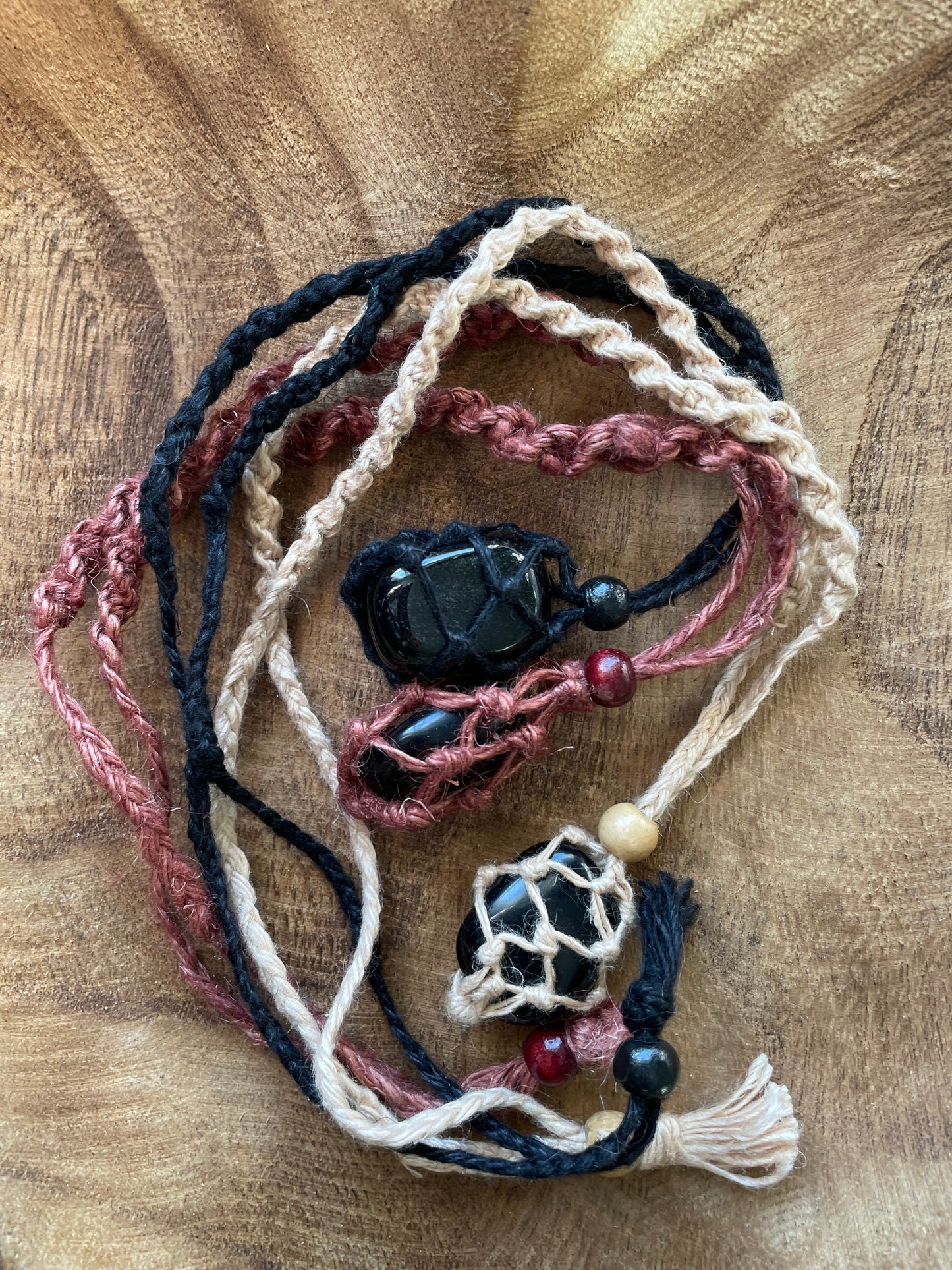 Uniquely crafted Hemp Macramé necklace with Obsidian crystal three colors to choose from