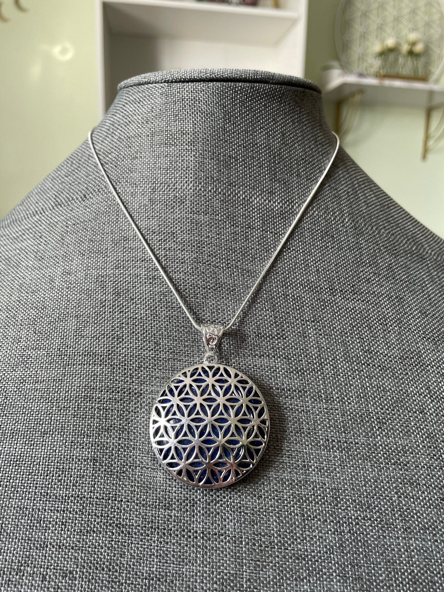 Silver round Flower of Life Lapis Lazuli crystal necklace on 16+ inch silver plated chain