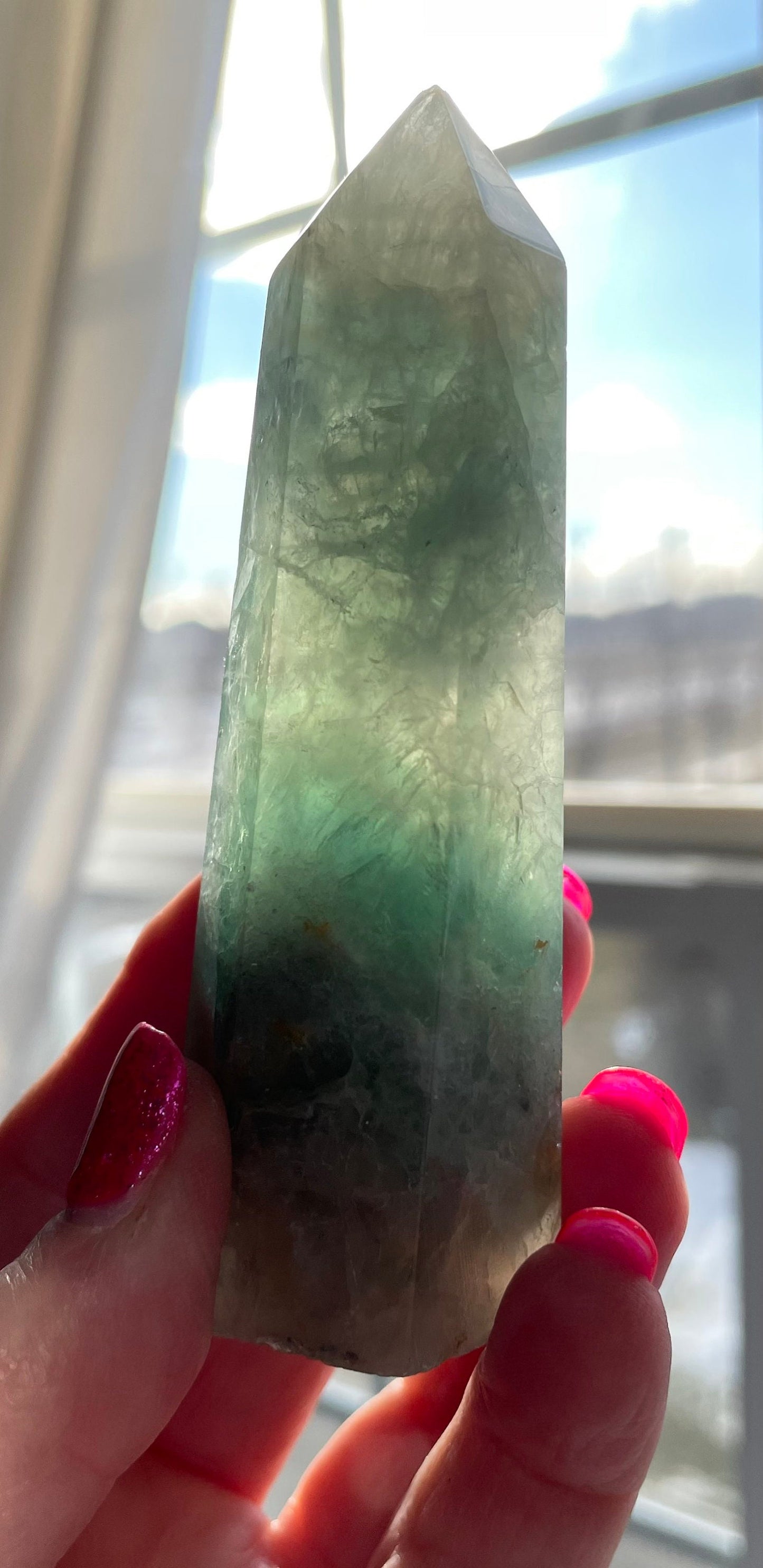 Beautiful Rainbow Fluorite point obelisk green fluorite