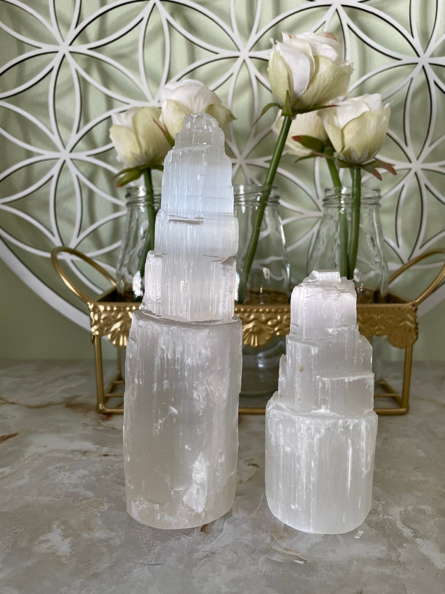 Selenite towers 2 sizes selenite PLUS CANDLEHOLDER