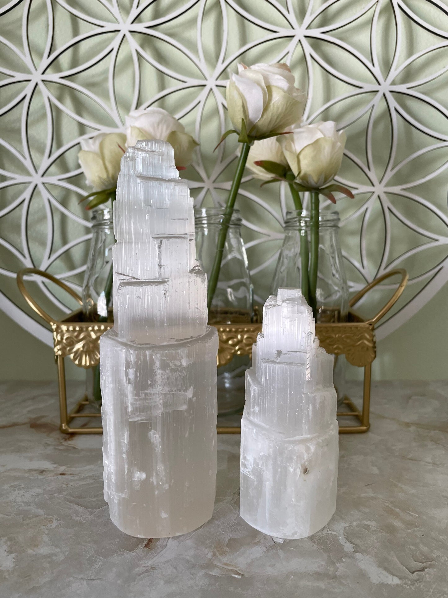 Selenite towers 2 sizes selenite PLUS CANDLEHOLDER