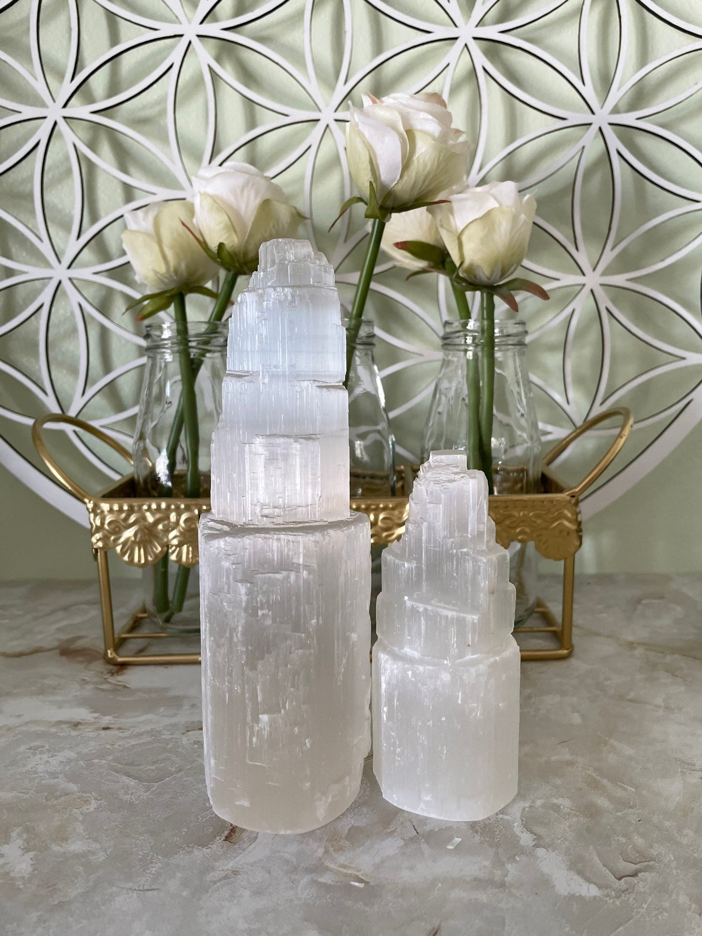 Selenite towers 2 sizes selenite PLUS CANDLEHOLDER