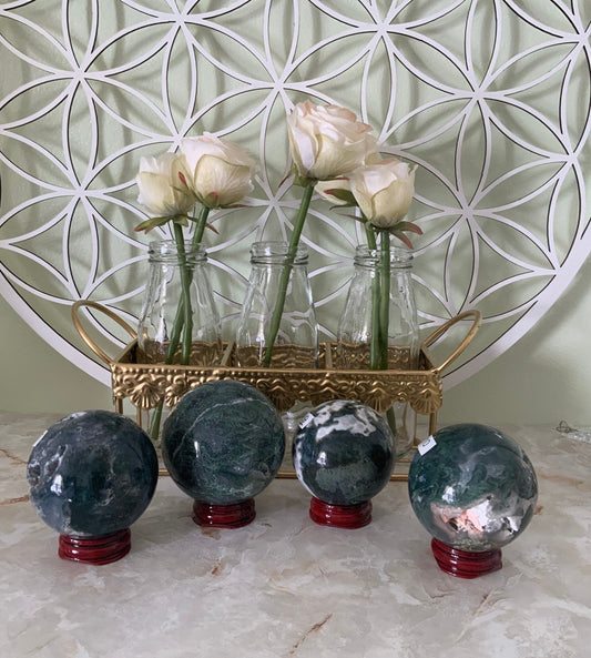 Beautiful Moss agate spheres four to choose from earth crystal Gardner stone