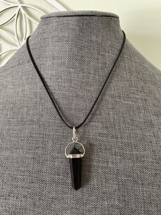 Beautiful sharp black obsidian double pointed necklace on black cord