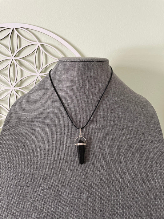 Beautiful sharp black obsidian double pointed necklace on black cord