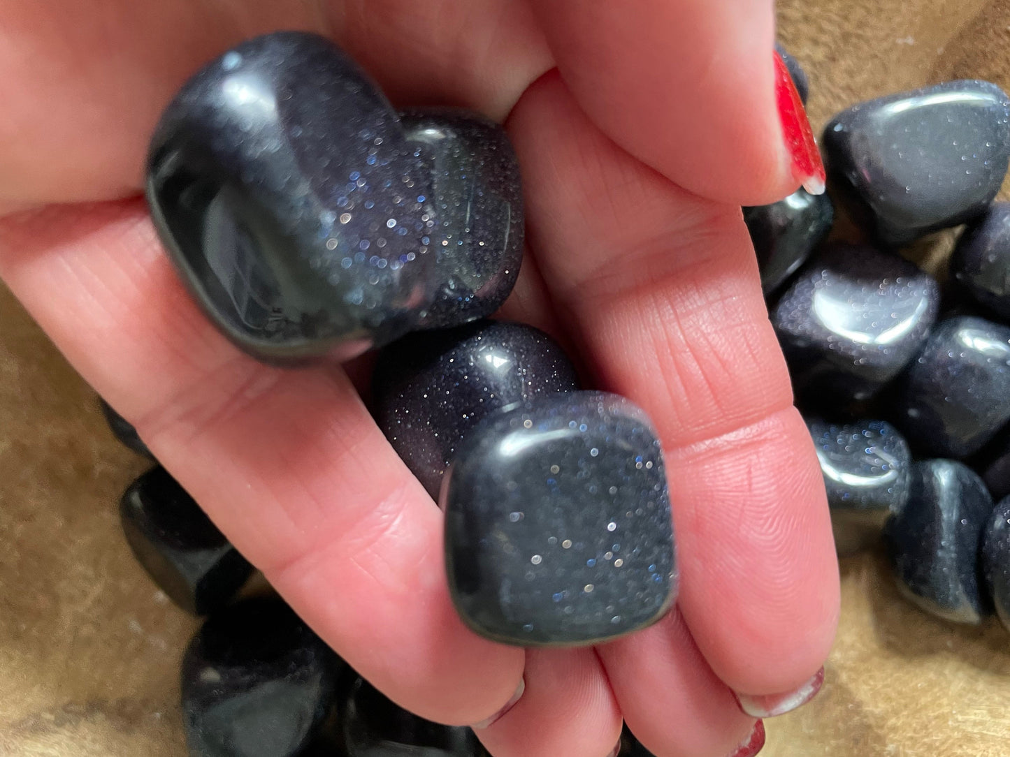 Blue Goldstone tumbled glitter glass