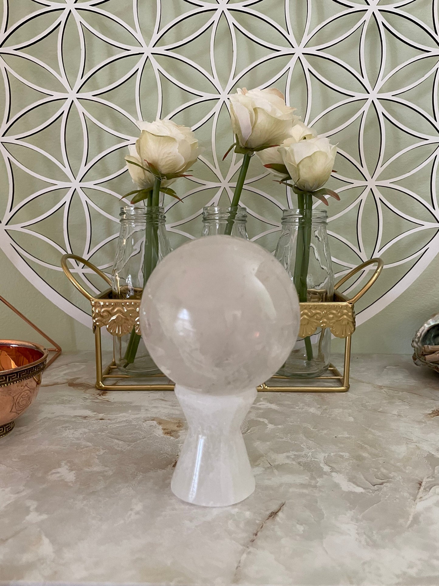 Selenite Sphere Stand - Hourglass Holds and charges various size of crystal spheres