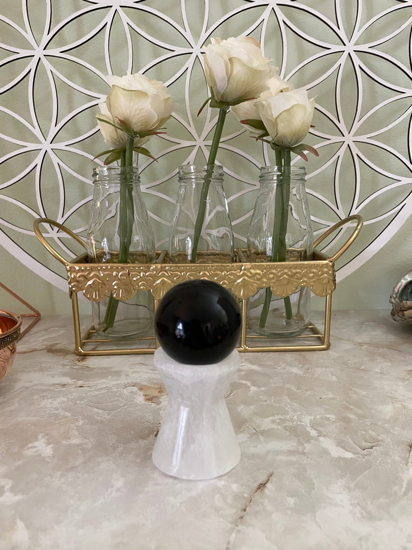 Selenite Sphere Stand - Hourglass Holds and charges various size of crystal spheres