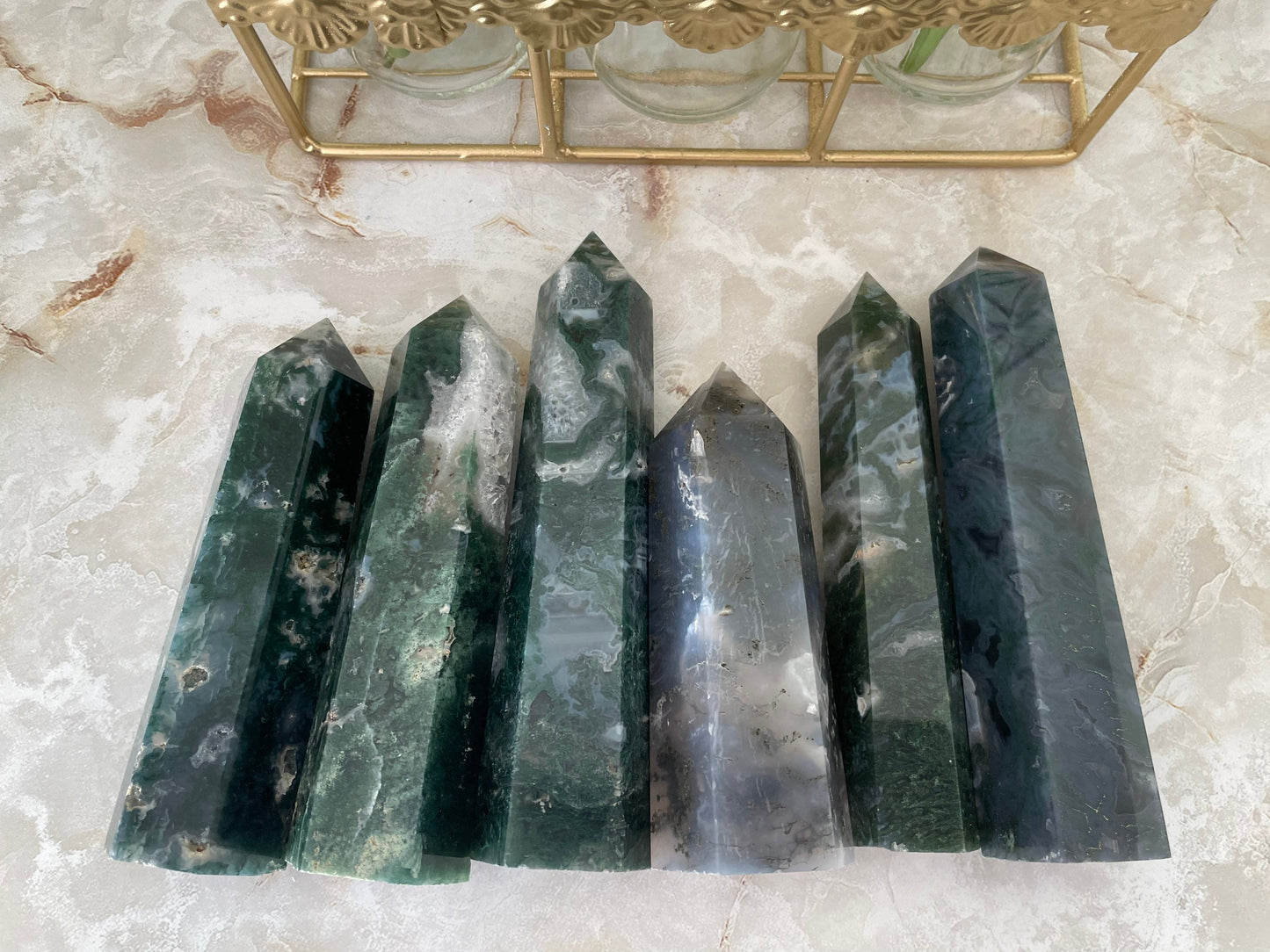 Beautiful Moss Agate Points great selection. The Gardner crystal stone.