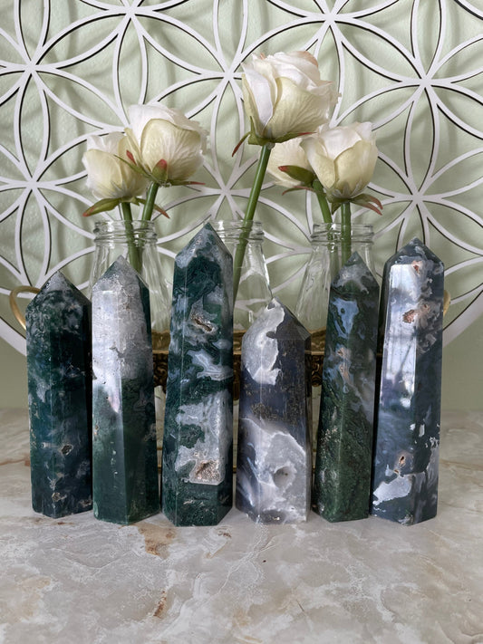 Beautiful Moss Agate Points great selection. The Gardner crystal stone.