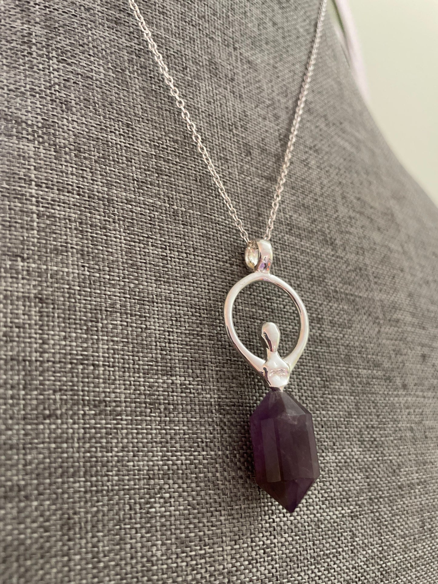 Beautiful silver and amethyst Goddess pendant on silver plated chain
