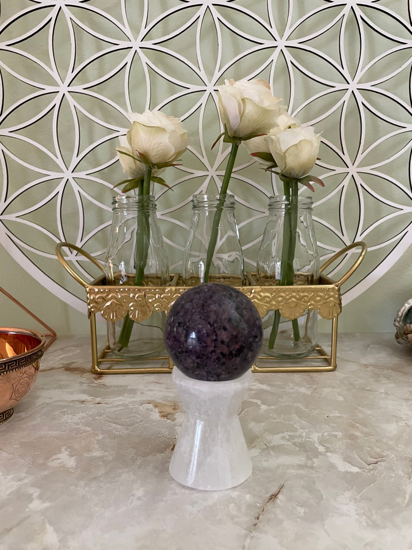 Selenite Sphere Stand - Hourglass Holds and charges various size of crystal spheres