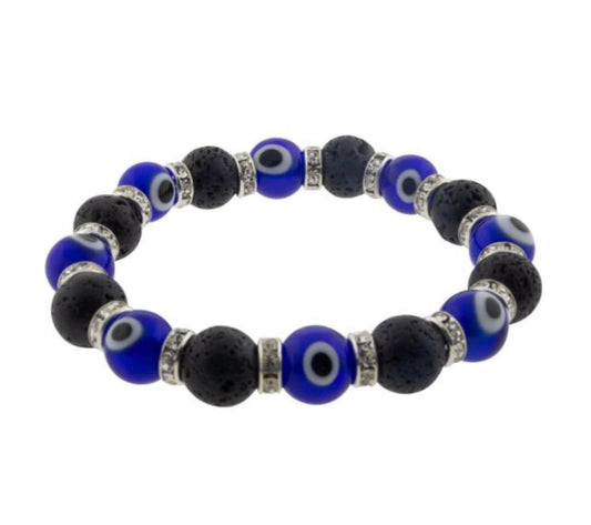 Protect yourself from evil thoughts, spells and ritual with the blue glass and black lava Evil Eye bracelet